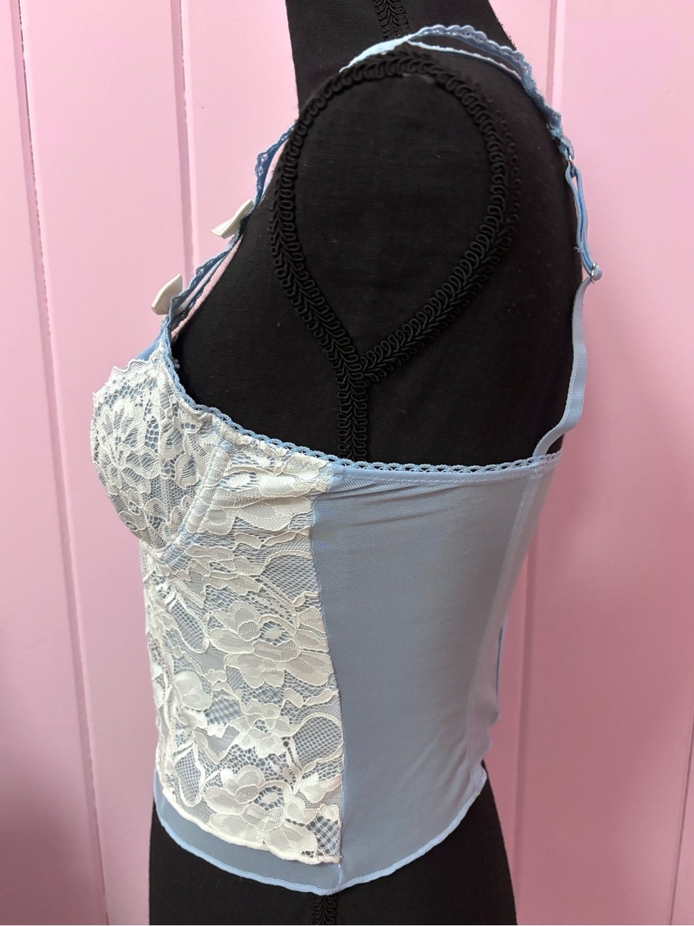 Pastel Blue & White Coquette Floral Lace Sheer Bow Corset Bustier Top - Medium - Picture 5 of 16